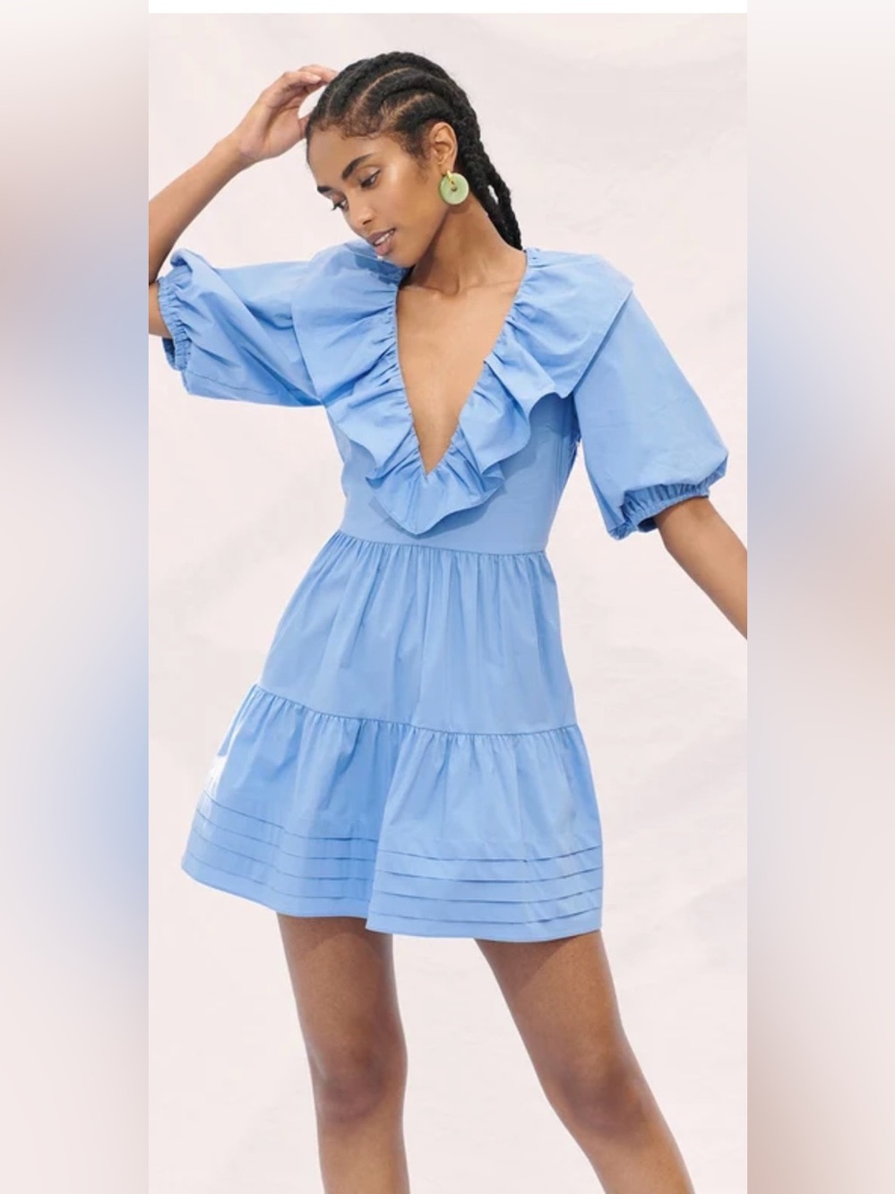 SAYLOR Sky Blue Ruffle V-Neck Tiered Mini Dress, M